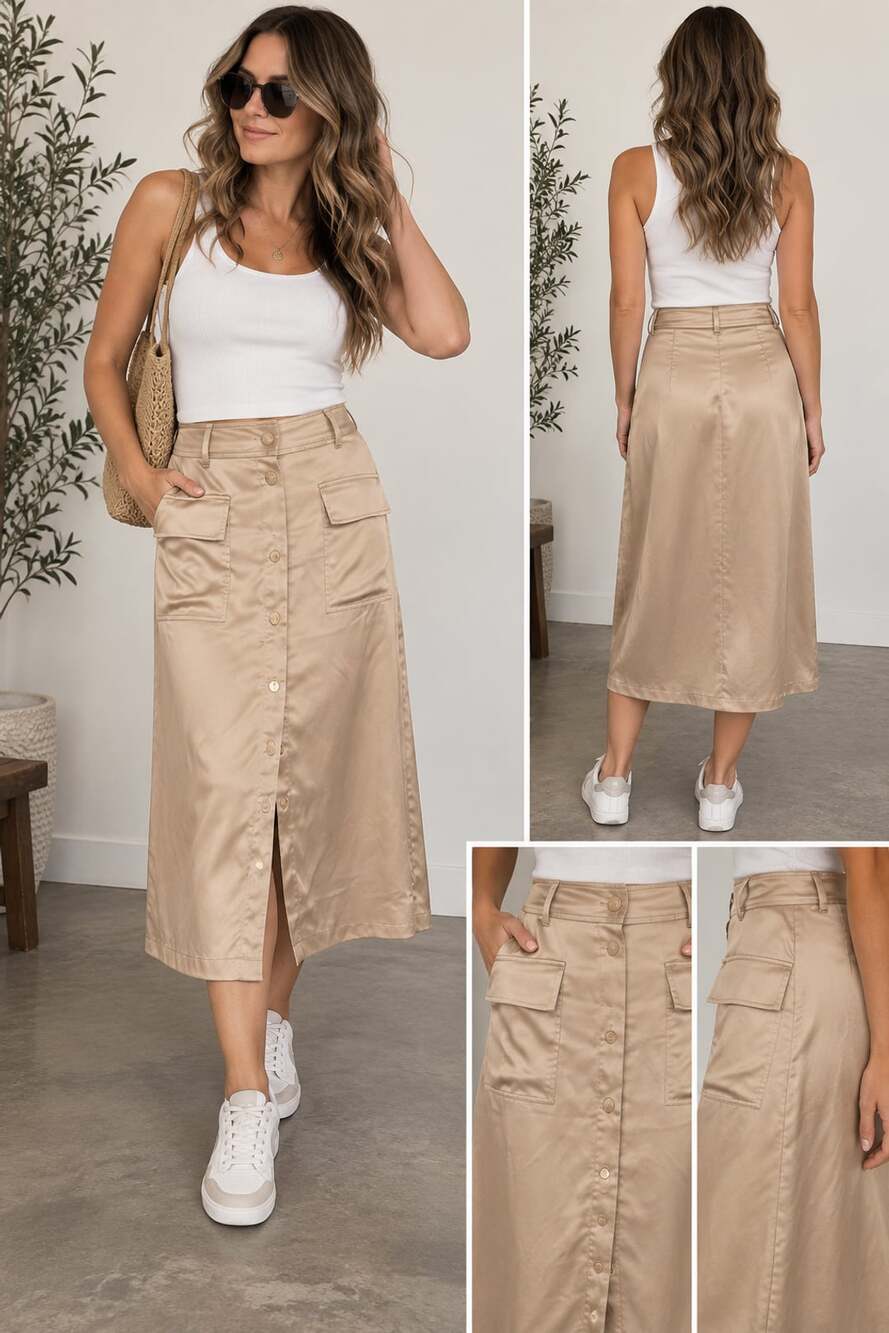 Banana Republic Satin Cargo Midi Skirt Size 6 Tan Button Front